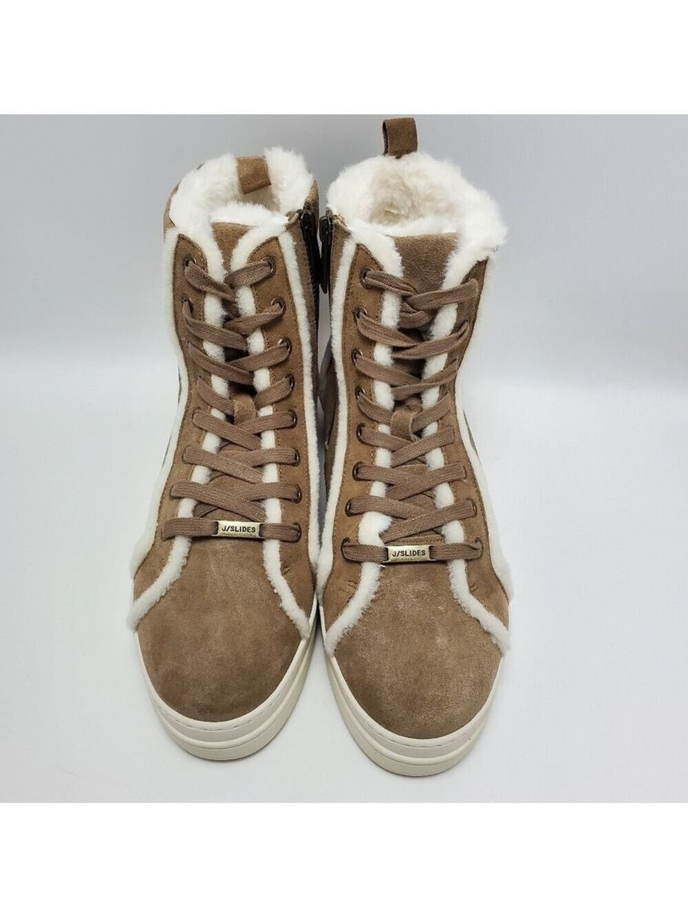 J Slides NYC Nadal Faux Fur High Top Platform Boot Sneakers Taupe Suede Size 9.5 - Picture 4 of 15